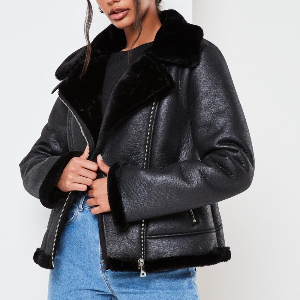 Faux Leather Moto Jacket with Faux Fur Lining